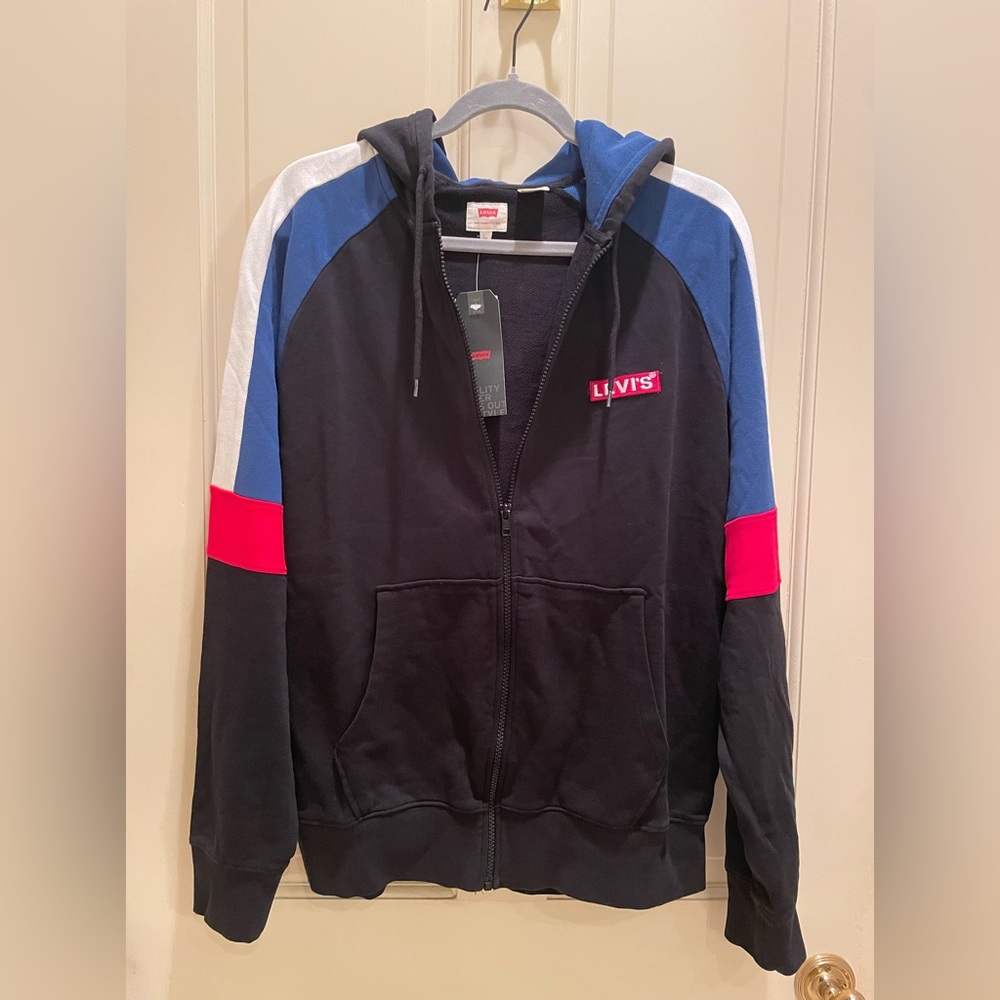 NWT RARE Men’s Zip Hoodie/Jacket Size Medium. Red, Blue, Black. Soft❤️🖤💙